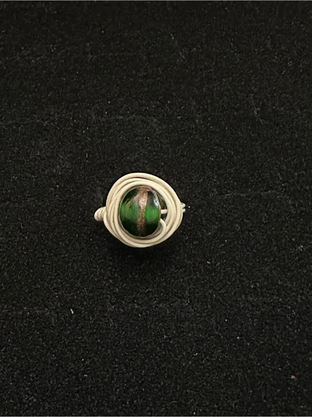 Handcrafted Antique White Silver Vermeil Ring with Green and Gold Stone